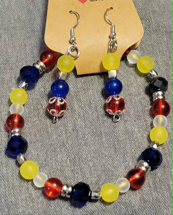Red, yellow, and blue earring/bracelet set