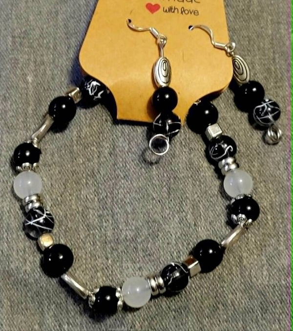 Silver and black bracelet/earring set