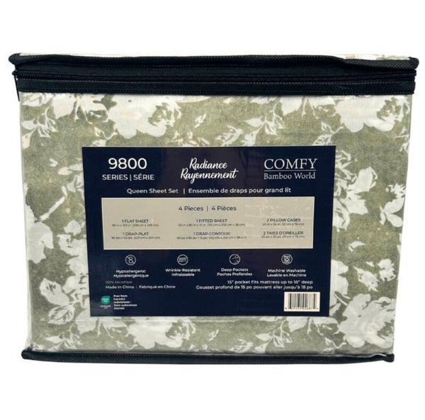 COMFY BAMBOO WORLD QUEEN SHEET SET 4PCS - SAGE GREEN FLORAL