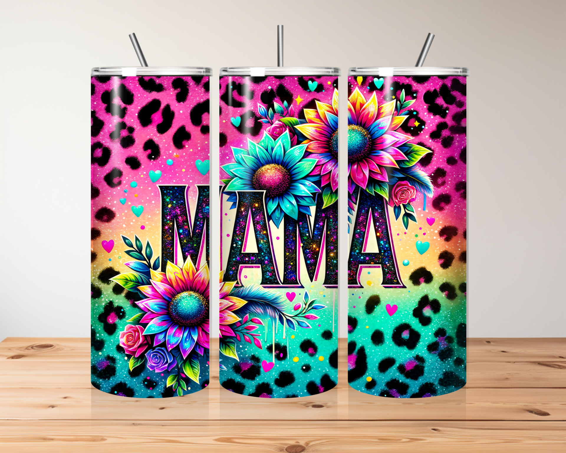 Een fleurig gekleurde panterprint thermosbeker voor mama