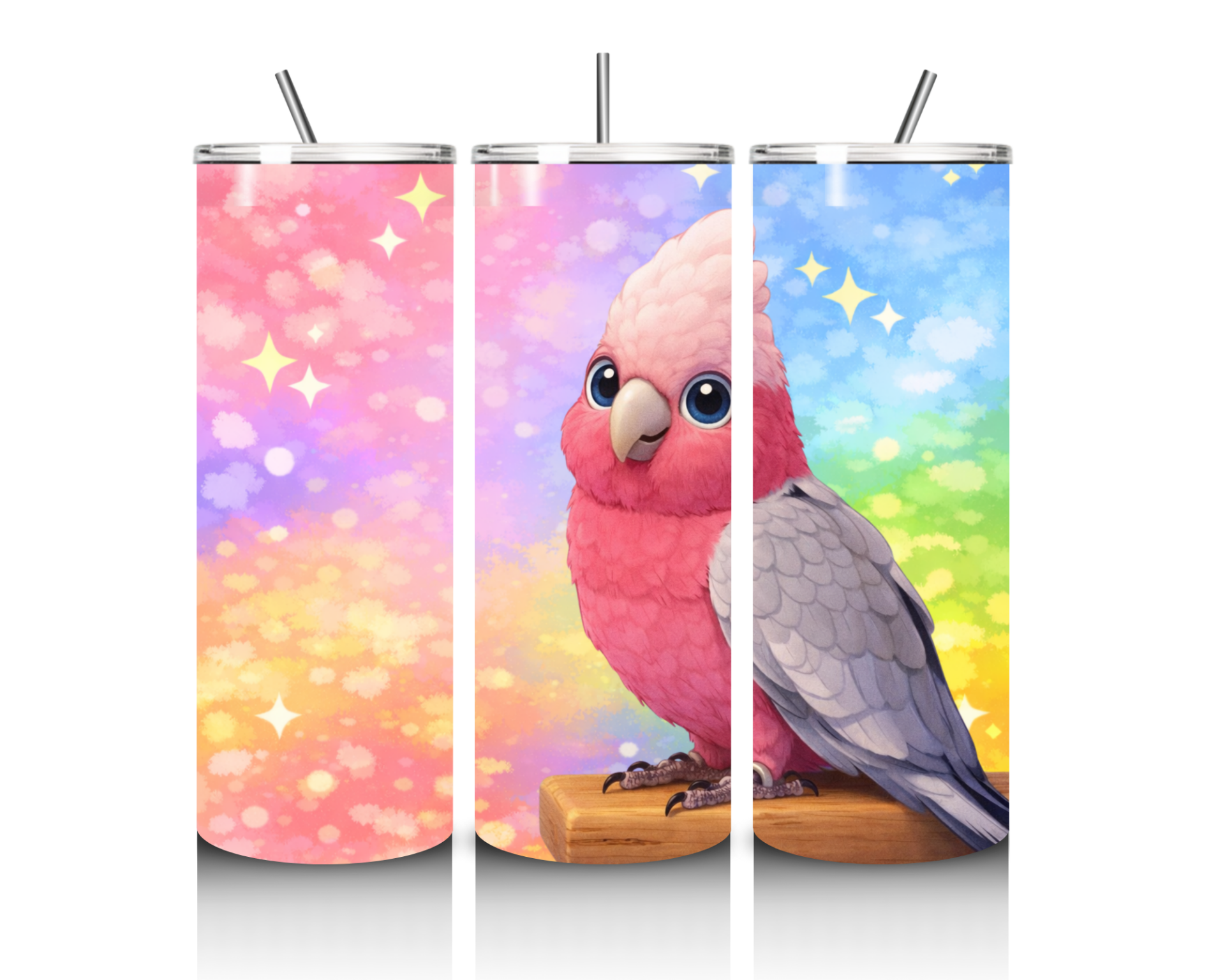 Thermosbeker met roze kaketoe in cartoon stijl