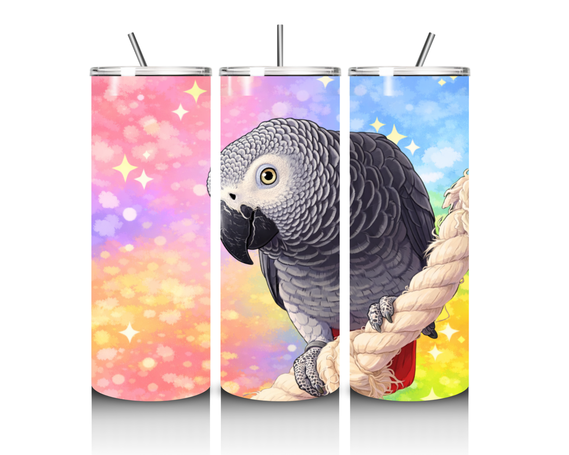 Thermosbeker grijze roodstaart papegaai in cartoon stijl