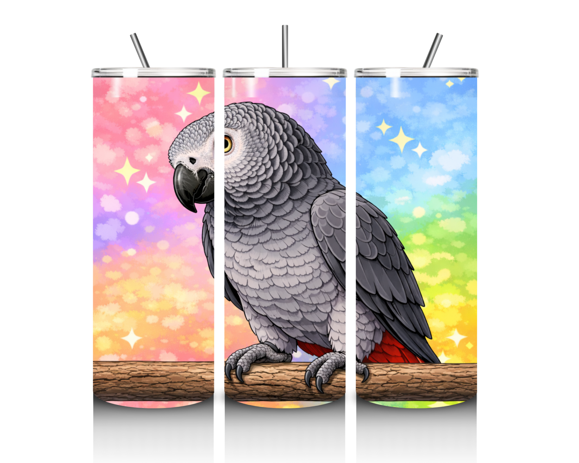 Thermosbeker met grijze roodstaart papegaai in cartoon stijl