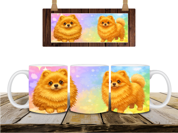 Mok met goud bruine pomeranian / pomeriaan in cartoon stijl