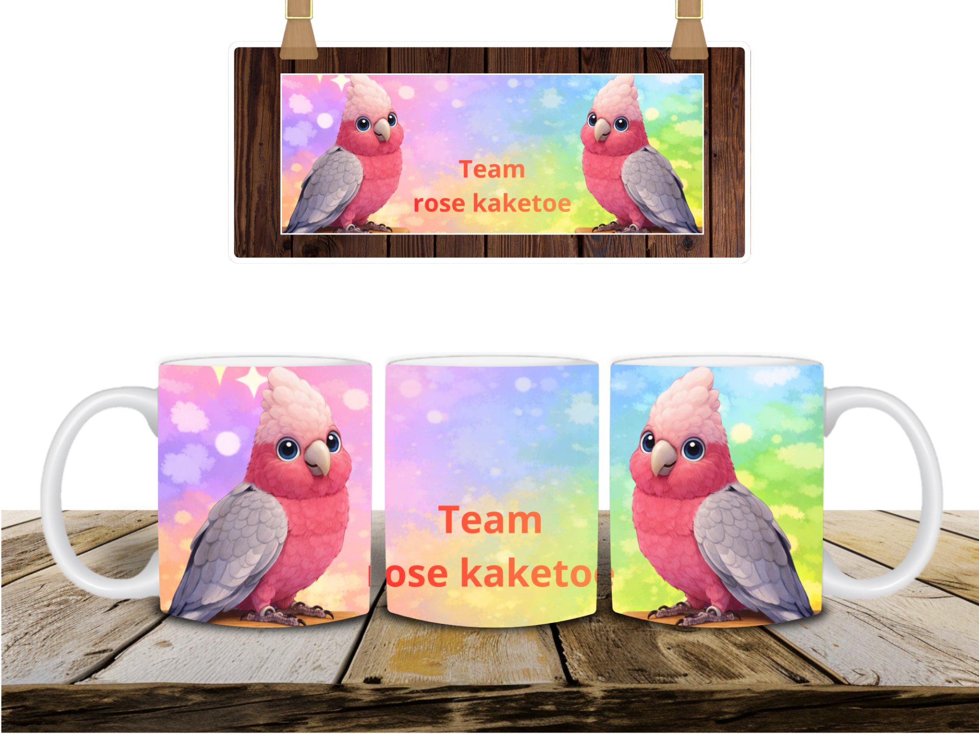 Mok  met  roze kaketoe in cartoonstijl