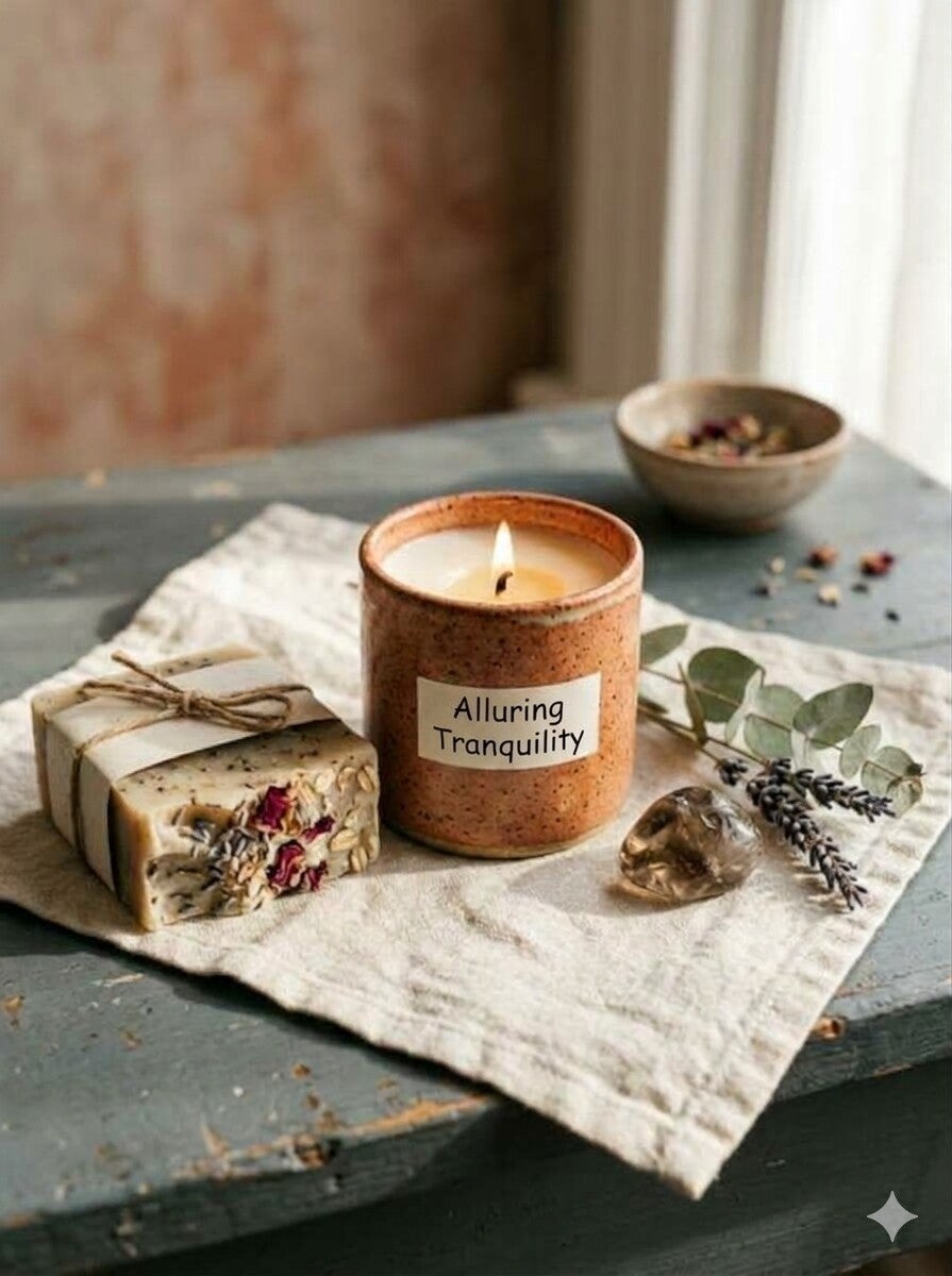 A warm cozy photo of a ceramic jar speckled orange-brown, a bar of soap to the left wrapped in white paper &  twine. Sprgs of  Eucalyptus & dried lavender,  a poliched crystal  on textured cloth on a wethered table. 