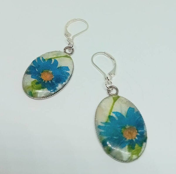 Blue Floral Oval Earrings