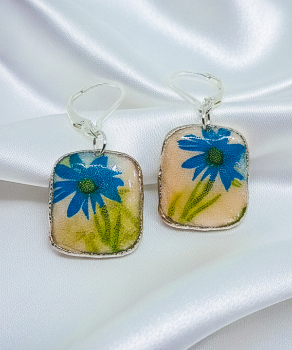 Square Blue Floral Print Resin Earrings