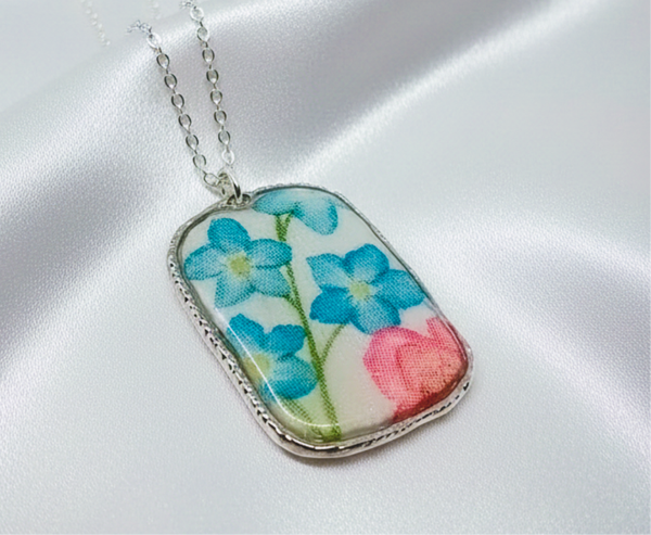 Pretty Blue  Floral Rectangle Clay and Resin Pendant