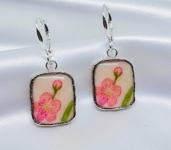 Pink Floral Square Clay and Resin Earrings