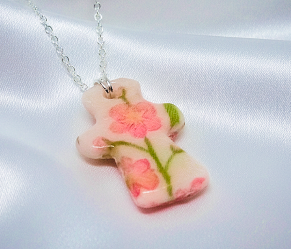 Pink Floral Clay Cross Pendant