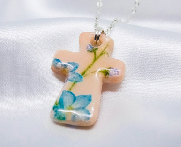Clay Floral/Resin Cross Necklace