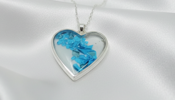Blue Glass and Resin Heart Necklace