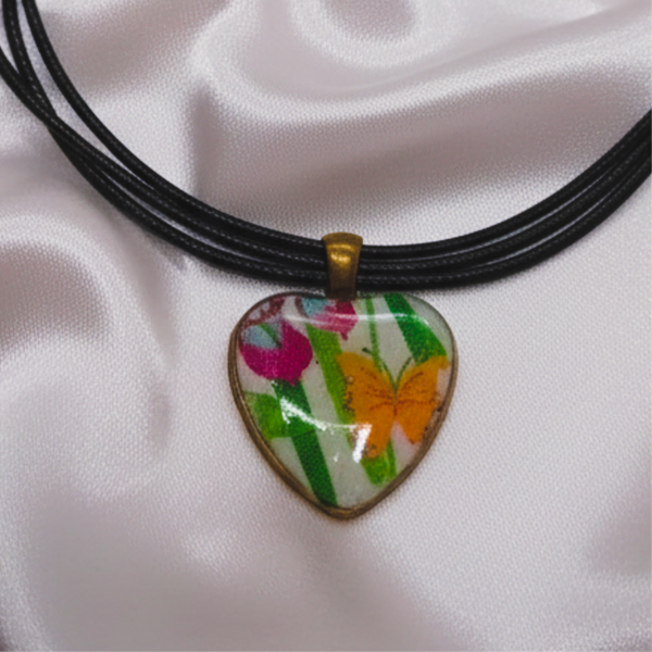Antique Bronze Clay and Resin  Yellow Butterfly Heart Choker