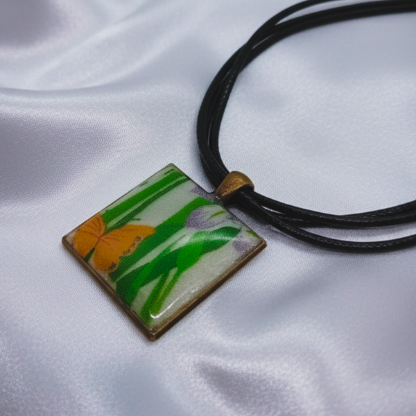 Antique Bronze Square Clay and Resin Yellow Butterfly Choker