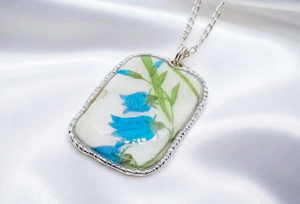 Pretty Blue  Floral Rectangle Clay and Resin Pendant