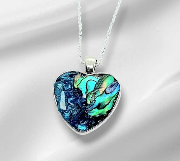 Blue Glass and Abalone Heart Pendant