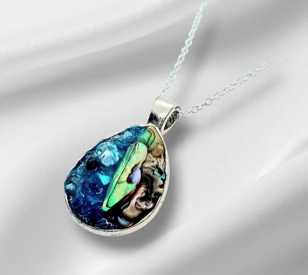 Blue Glass and Abalone Shell Necklace