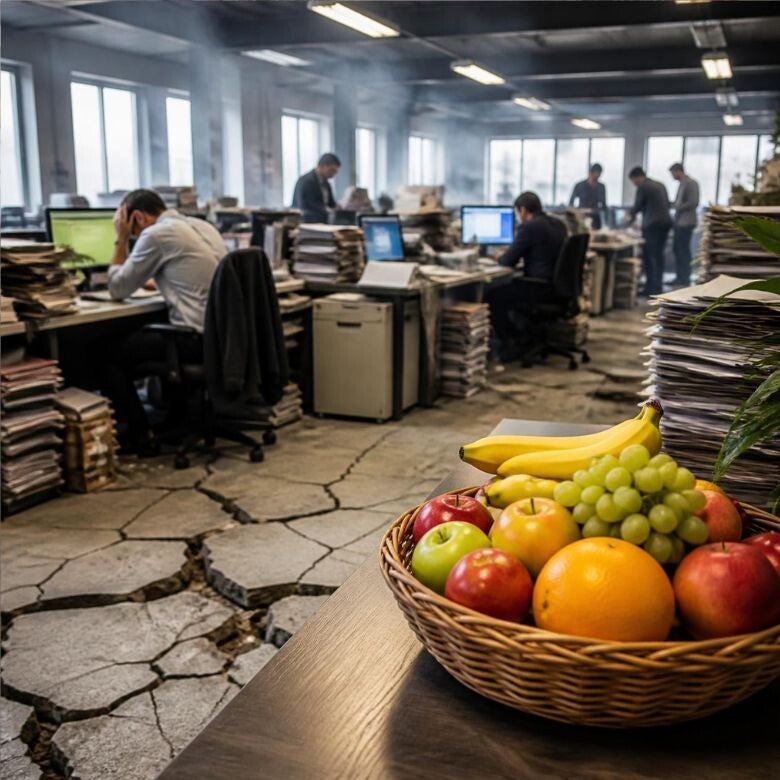 Fruitmand in een druk kantoor met hoge werkstapels en scheuren in de vloer als metafoor voor misverstanden over duurzame inzetbaarheid.
