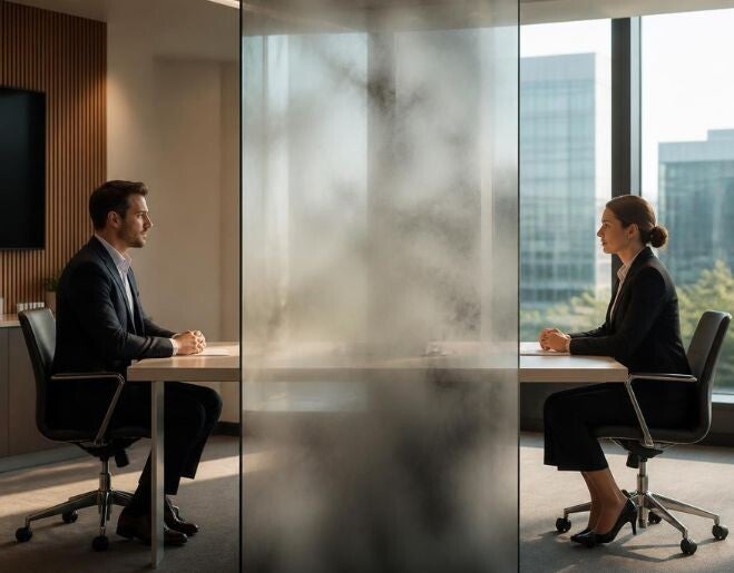 Twee professionals voeren een verzuimgesprek terwijl een glazen wand en rook tussen hen staat als symbool voor communicatie die vastloopt en onduidelijk is.