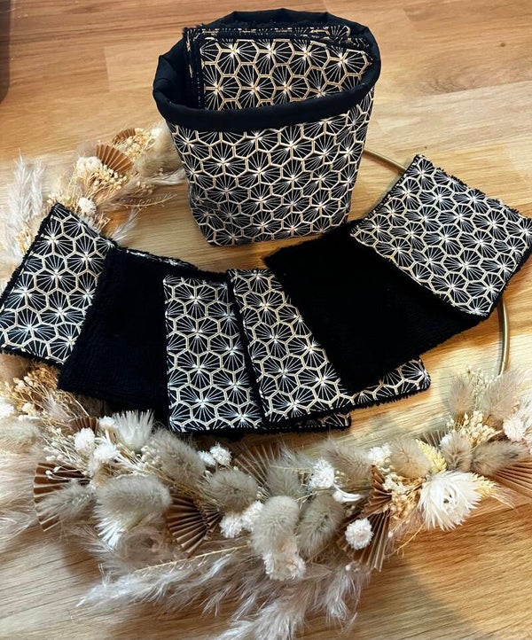 Lingettes lavables avec panières noir/doré