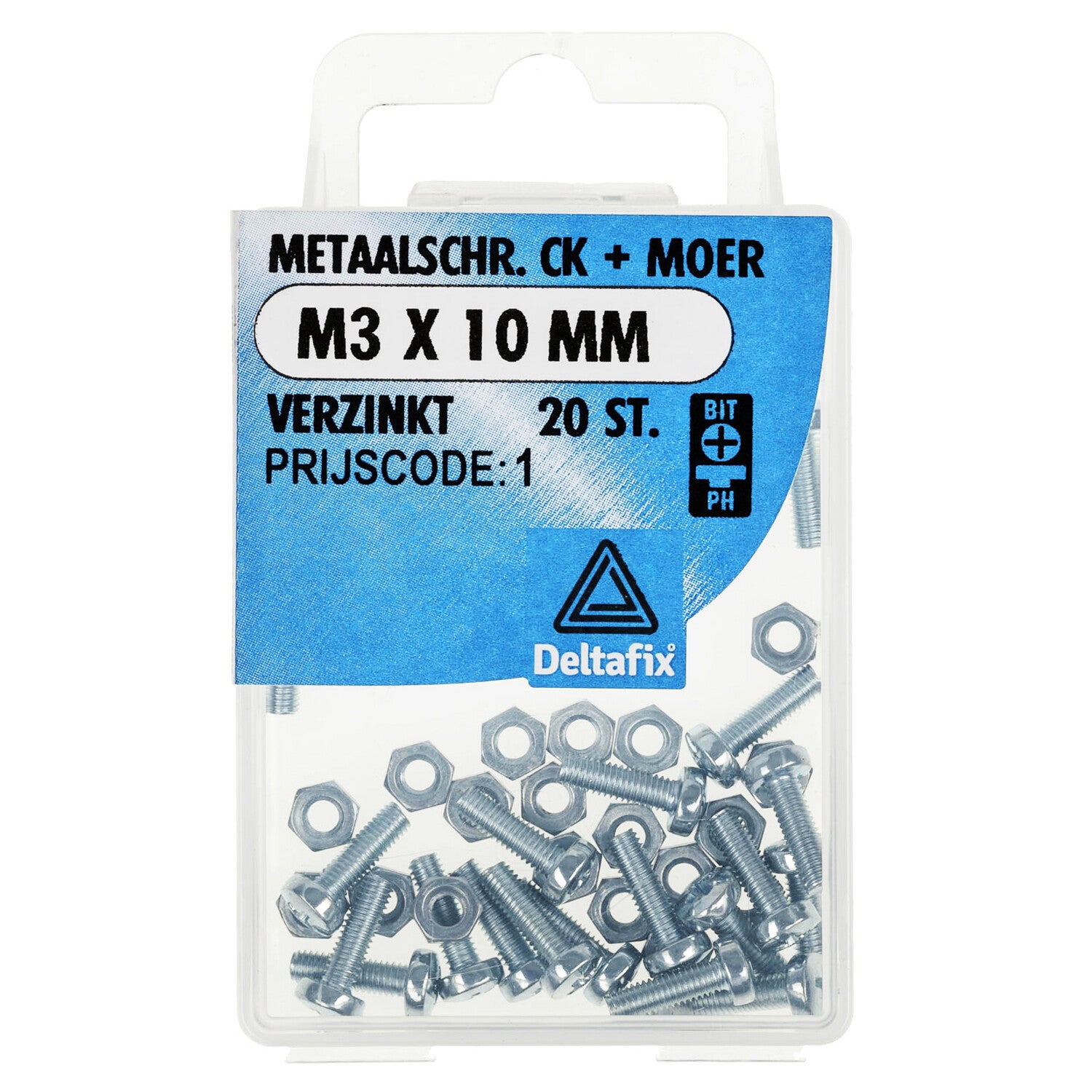 Deltafix metaalschroef cilinderkop + moer verzinkt m3 x 10 mm din 7985 / din 934 20 st.