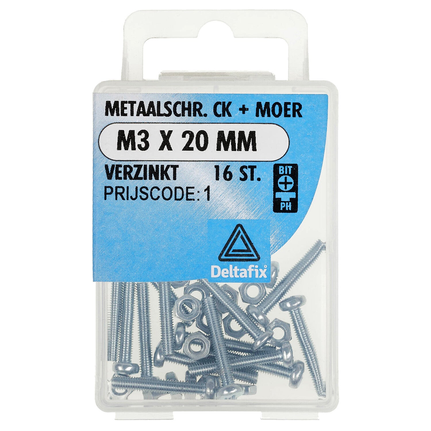 Deltafix metaalschroef cilinderkop + moer verzinkt m3 x 20 mm din 7985 / din 934 16 st.