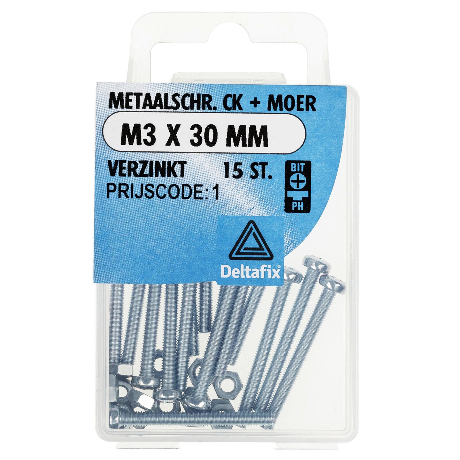 Deltafix metaalschroef cilinderkop + moer verzinkt m3 x 30 mm din 7985 / din 934 15 st.