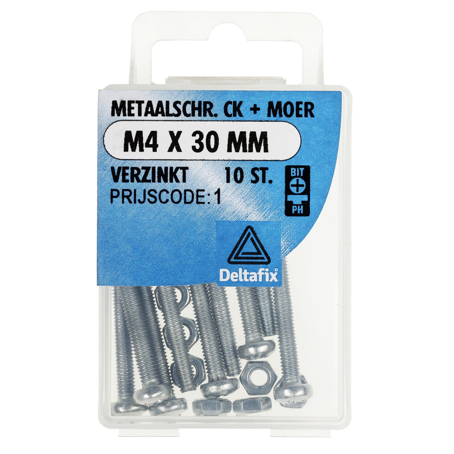Deltafix metaalschroef cilinderkop + moer verzinkt m4 x 30 mm din 7985 / din 934 10 st.