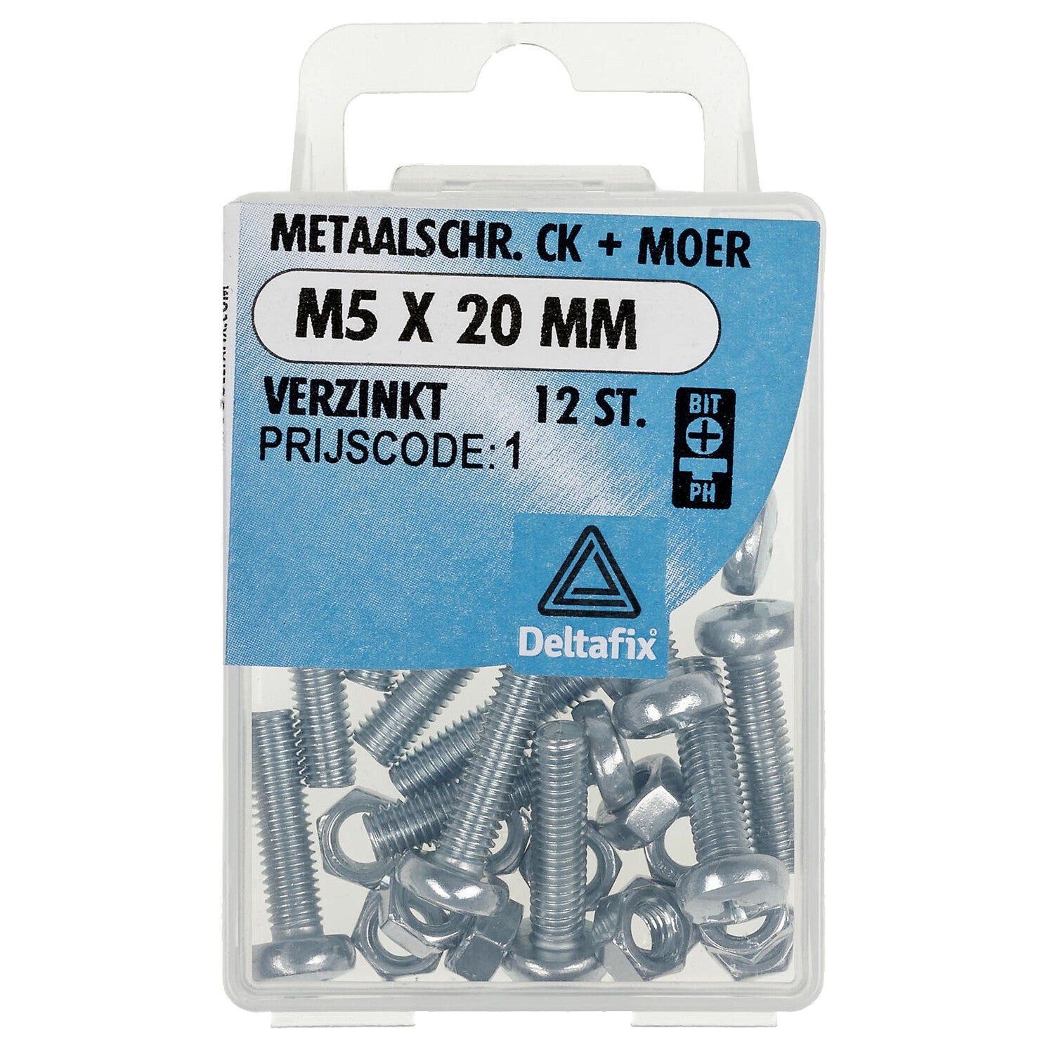 Deltafix metaalschroef cilinderkop + moer verzinkt m5 x 20 mm din 7985 / din 934 12 st.