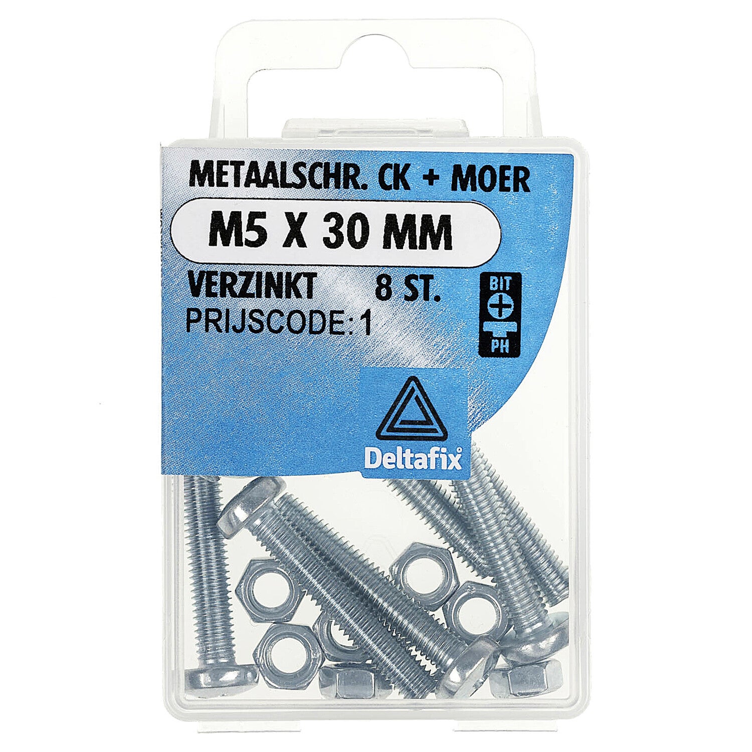 Deltafix metaalschroef cilinderkop + moer verzinkt m5 x 30 mm din 7985 / din 934 8 st.