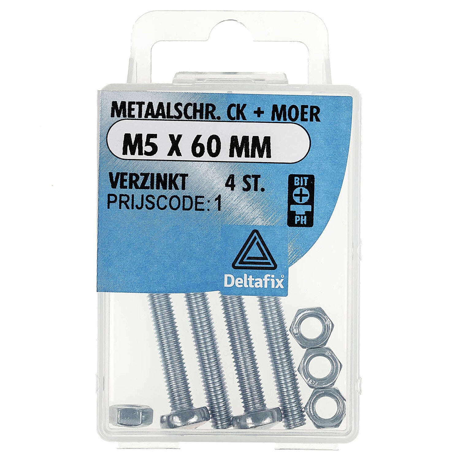 Deltafix metaalschroef cilinderkop + moer verzinkt m5 x 60 mm din 7985 / din 934 4 st.