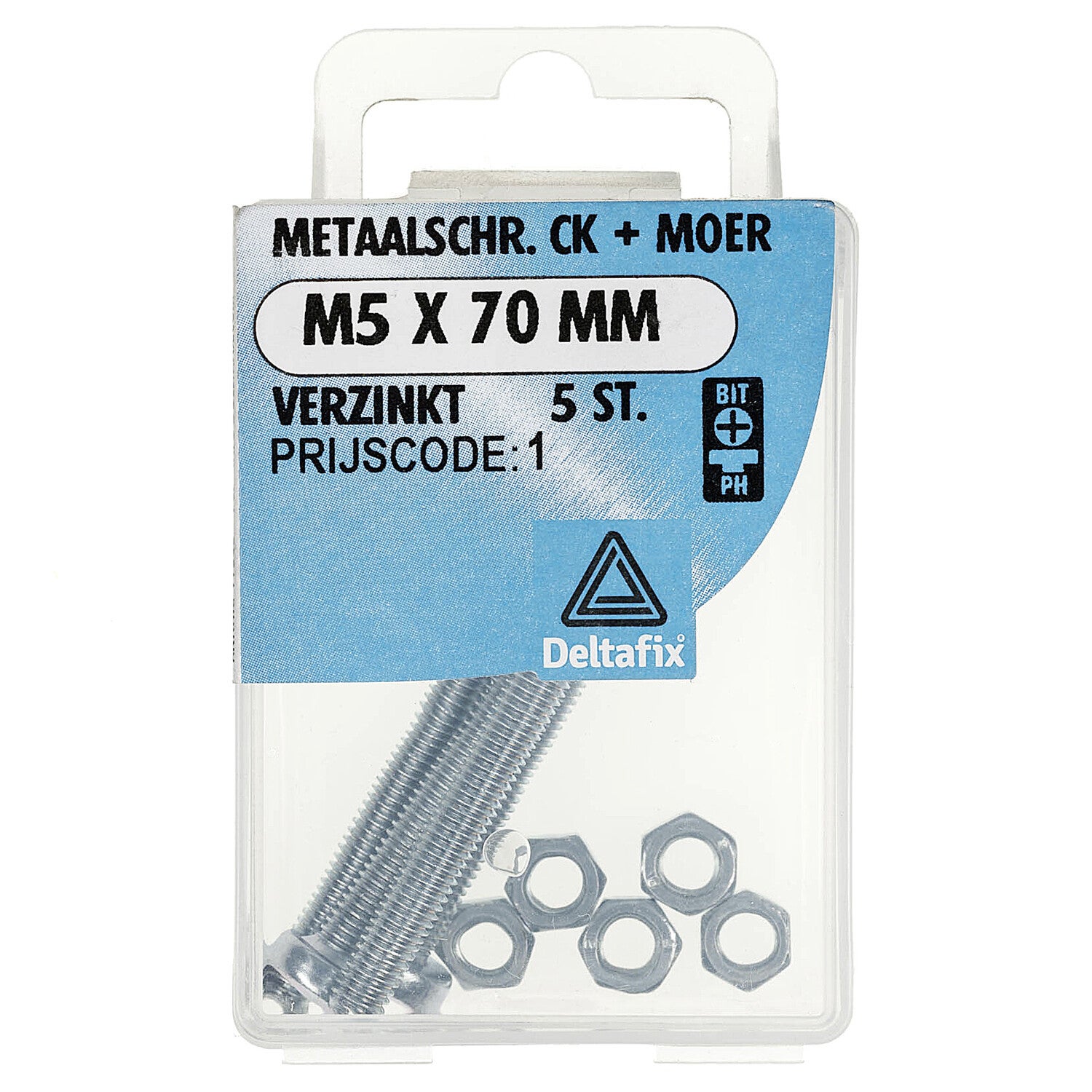 Deltafix metaalschroef cilinderkop + moer verzinkt m5 x 70 mm din 7985 / din 934 5 st.