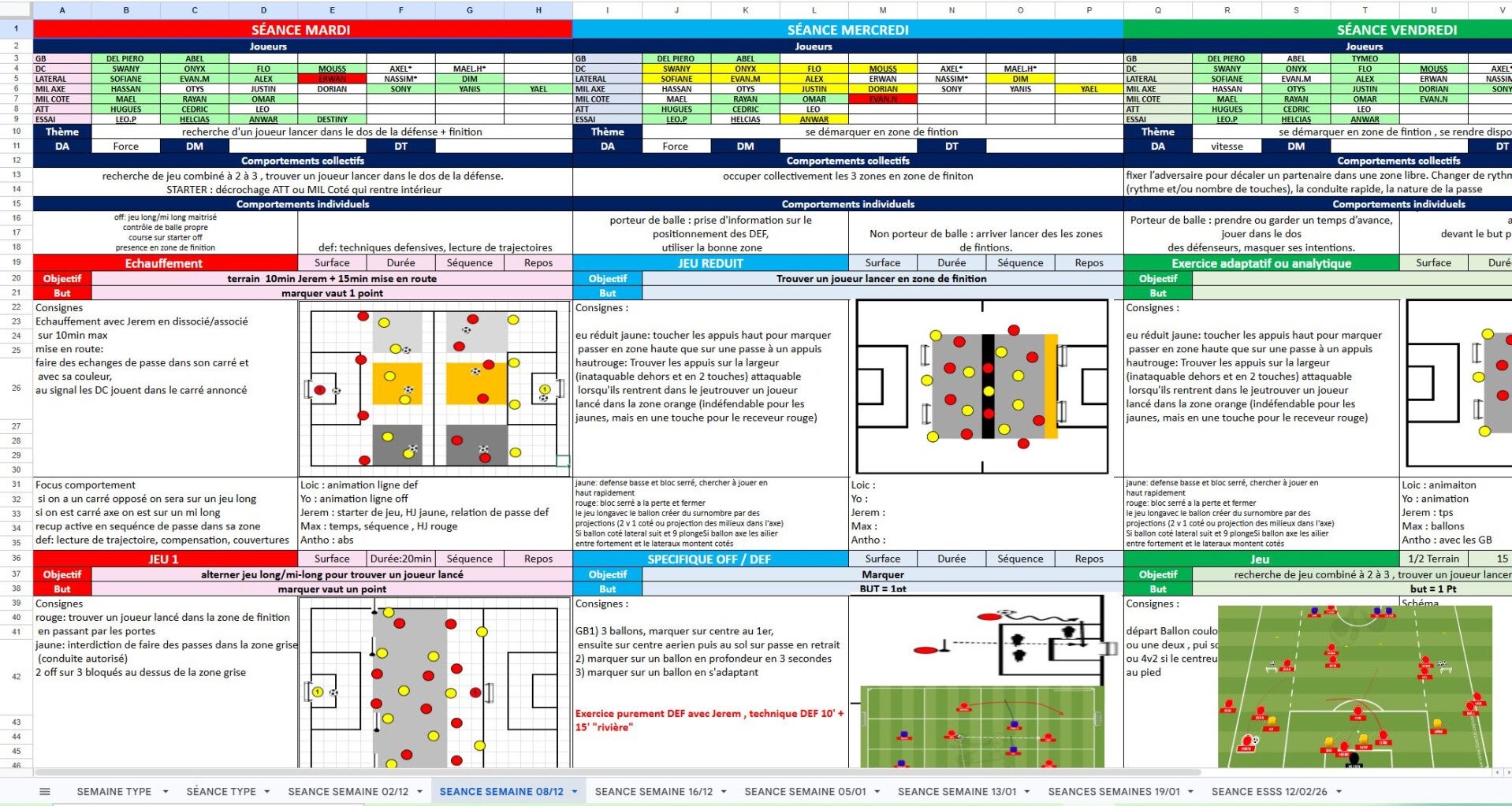 Tableur Excel – Planification de 3 séances d’entraînement par semaine
