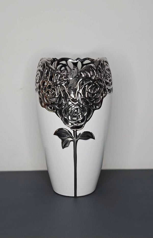 Vaas "Roos" wit/zilver H.31.5cm