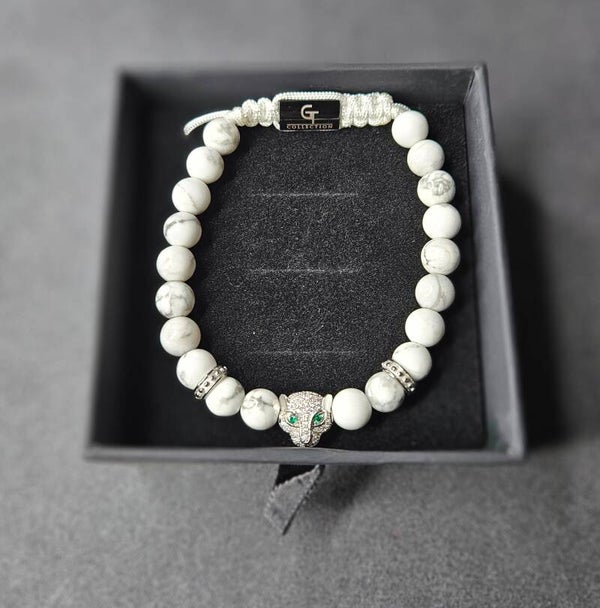Heren WHITE HOWLITE armband met zilveren LEOPARD-hoofd