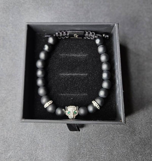 ZWARTE ONYX-armband voor heren met zilveren LEOPARD-hoofd