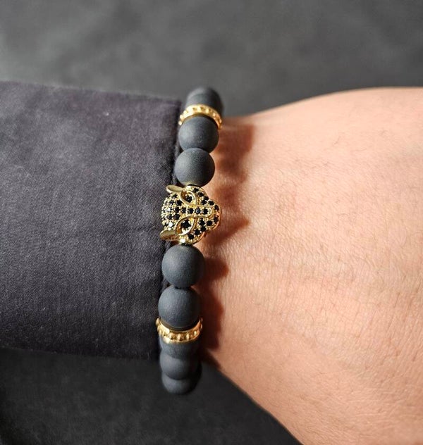 ZWARTE ONYX-armband voor heren met gouden LUIPAARD-hoofd