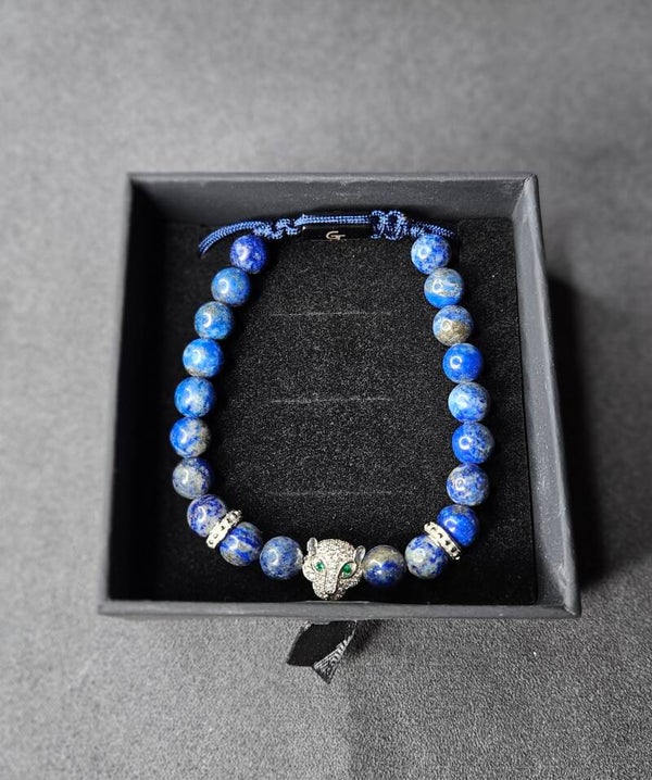 Heren LAPIS LAZULI armband met zilveren LEOPARD-hoofd