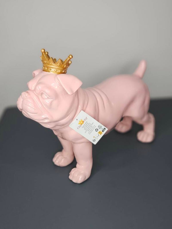 Beeld Hond Roze met kroon, Kunststof H.26cm