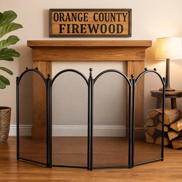 Decorative 4-Panel Black Fireplace Screen – Elegant Safety for Your Hearth