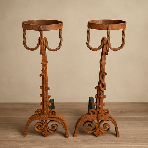 Antique Wrought Iron Andirons – Ornate Design with Natural Patina