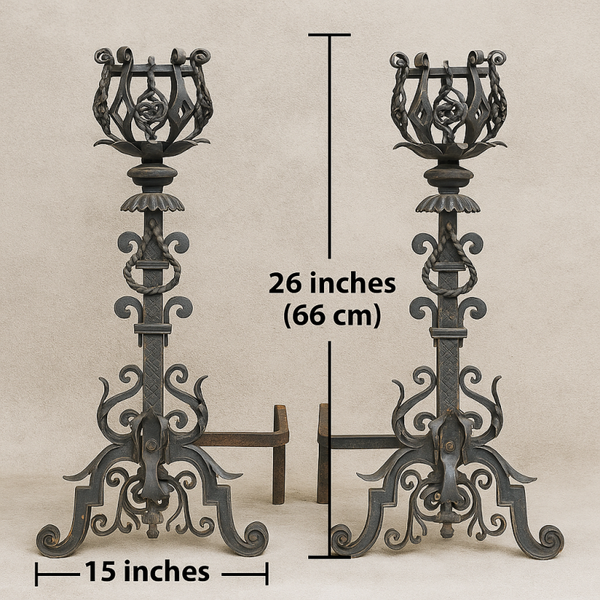 Pair of 26" Ornate Wrought Iron Andirons – Hand-Forged Fireplace Accents