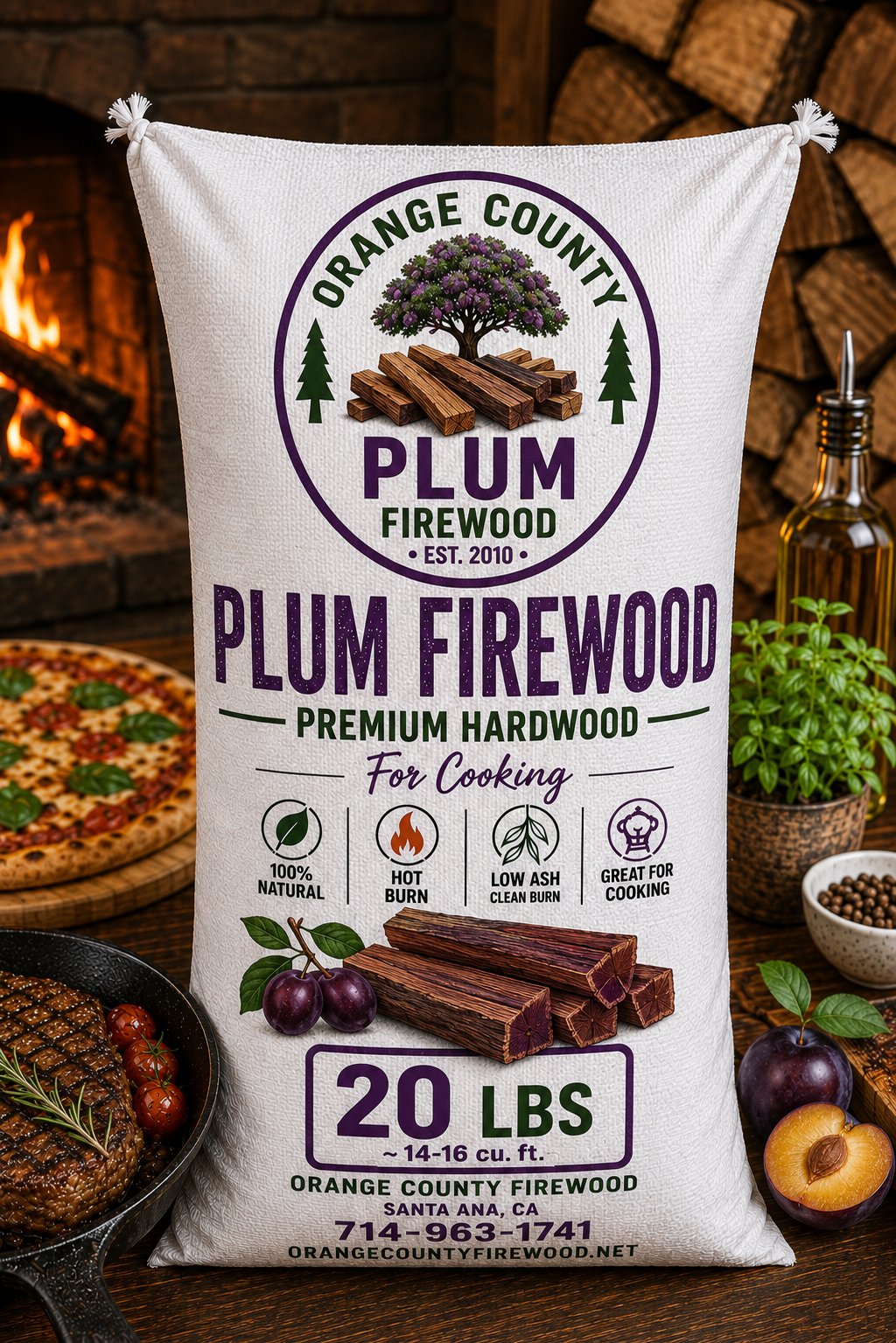 Plum Firewood – Premium Cooking Hardwood | 20 LB Bag