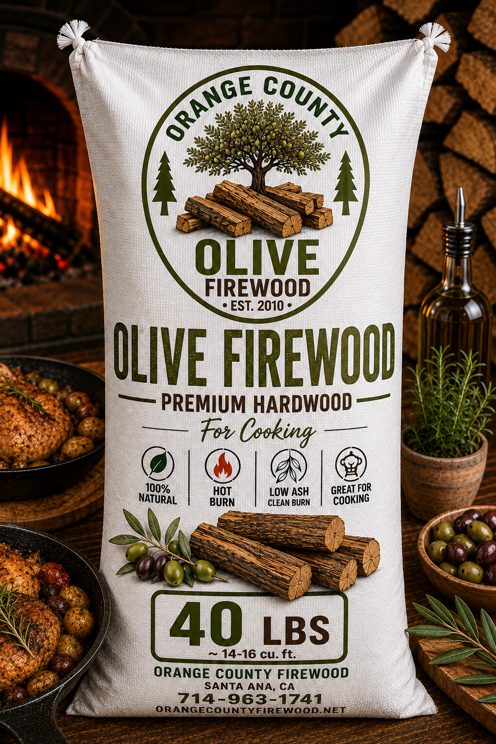Olive Firewood – Premium Cooking Hardwood | 40 LB Bag