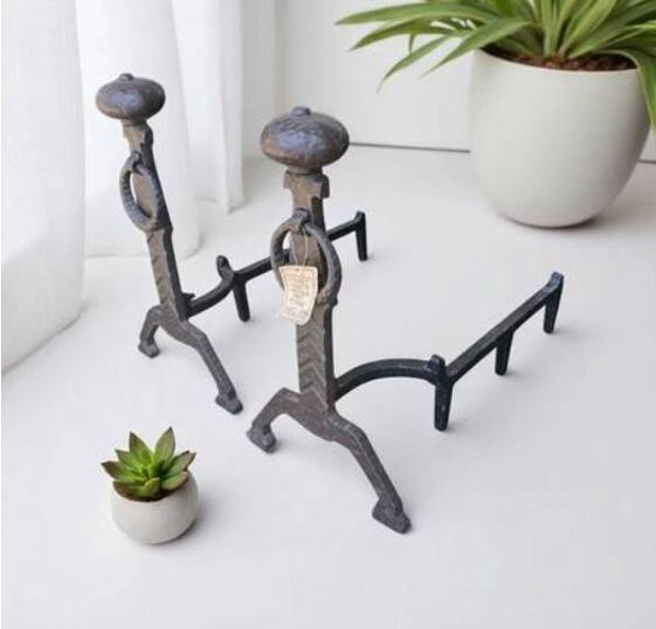 Antique Rust Finish Fireplace Andirons – 19.5" Tall