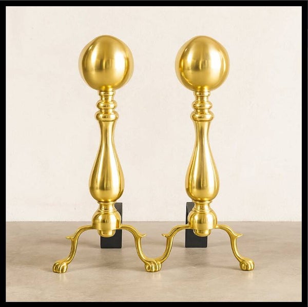 Elegant Solid Brass Fireplace Andirons - Vintage Ball