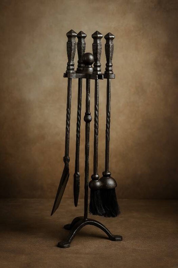 Wrought Iron Fireplace Tool Set – 5-Piece Twisted Handle Design