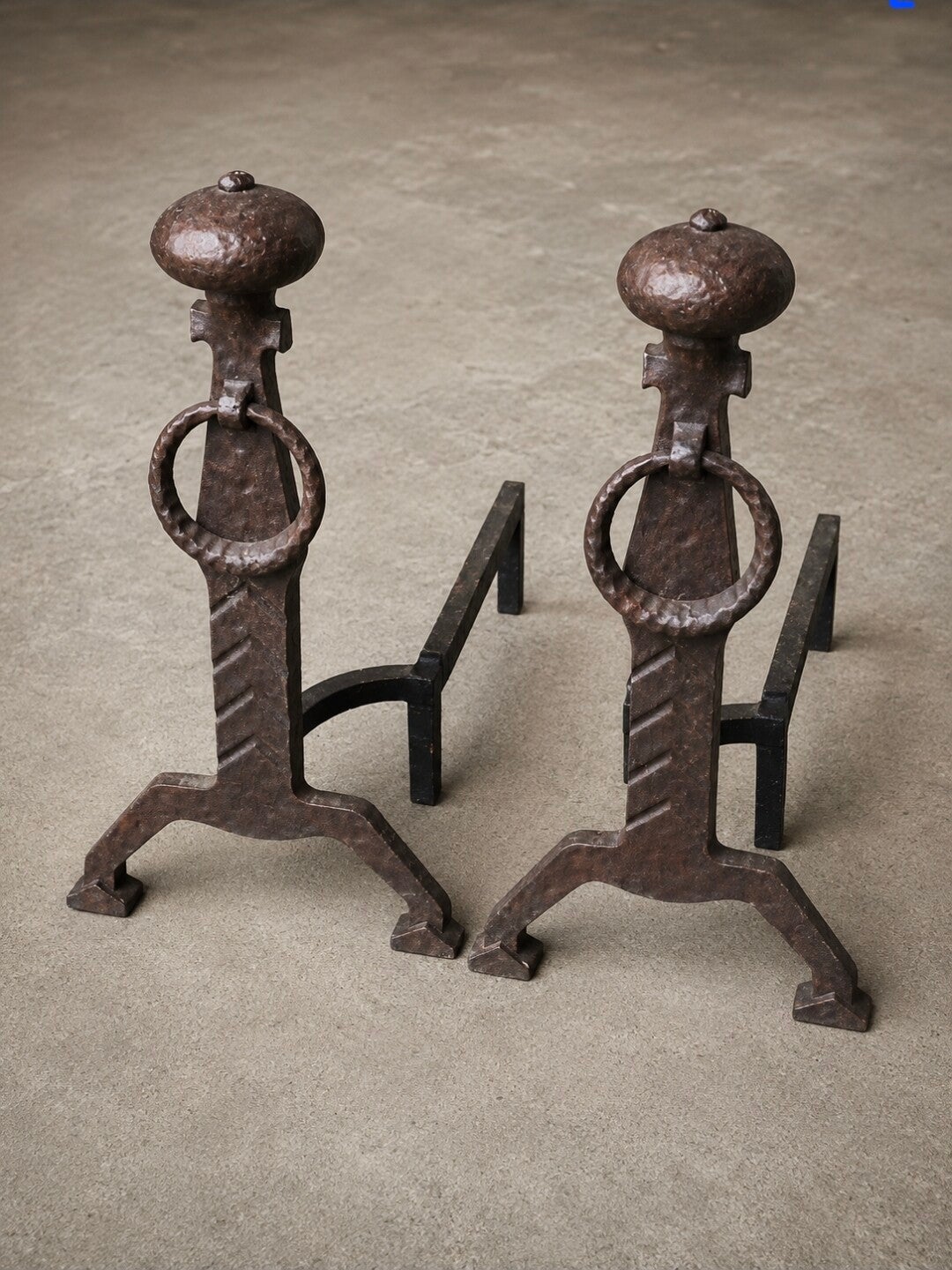 Antique Rust Finish Fireplace Andirons – 19.5" Tall