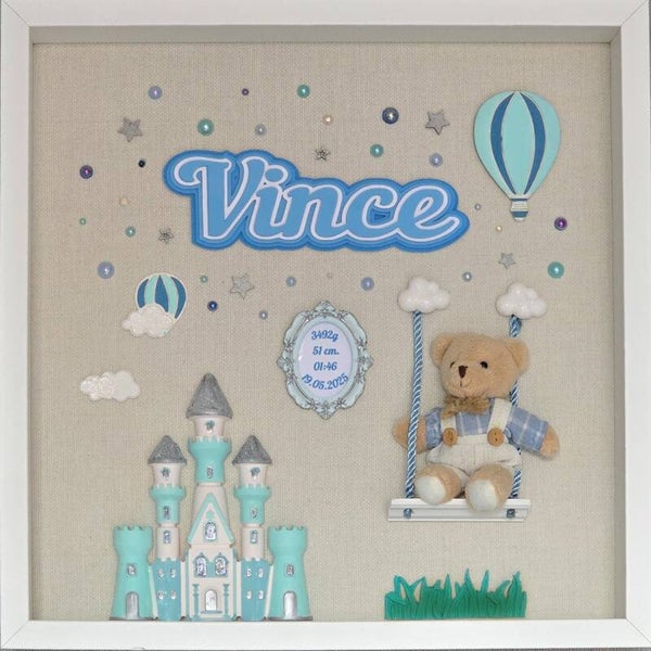 Unieke 3D Geboortelijst voor Jongens - Met Naam, Datum en Knuffelbeertje! (37x37 cm)
